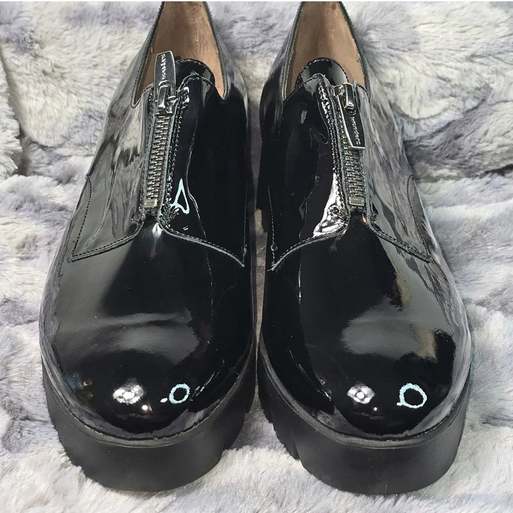 NEW Wonders Flex Fly Black Leather Zip Front Platform Loafers C-4704 EU 42 US 11